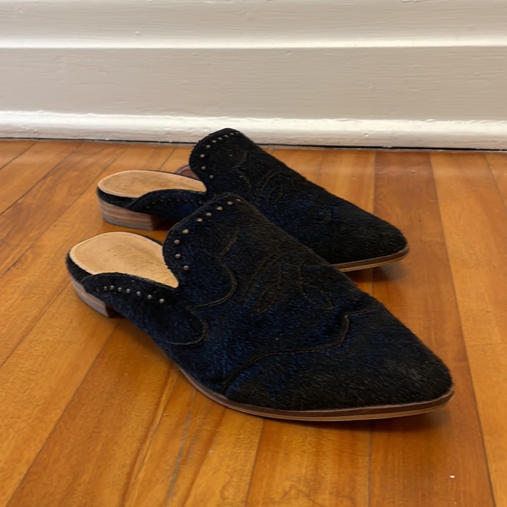 Black pony hair leather slides mules